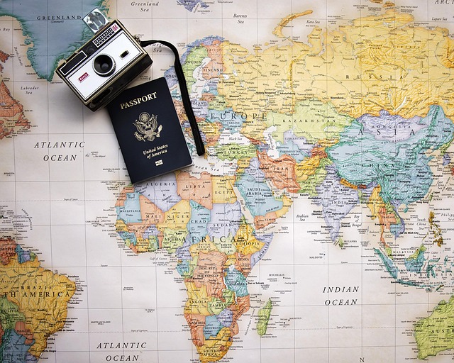 Diverse travel experiences, map and passport